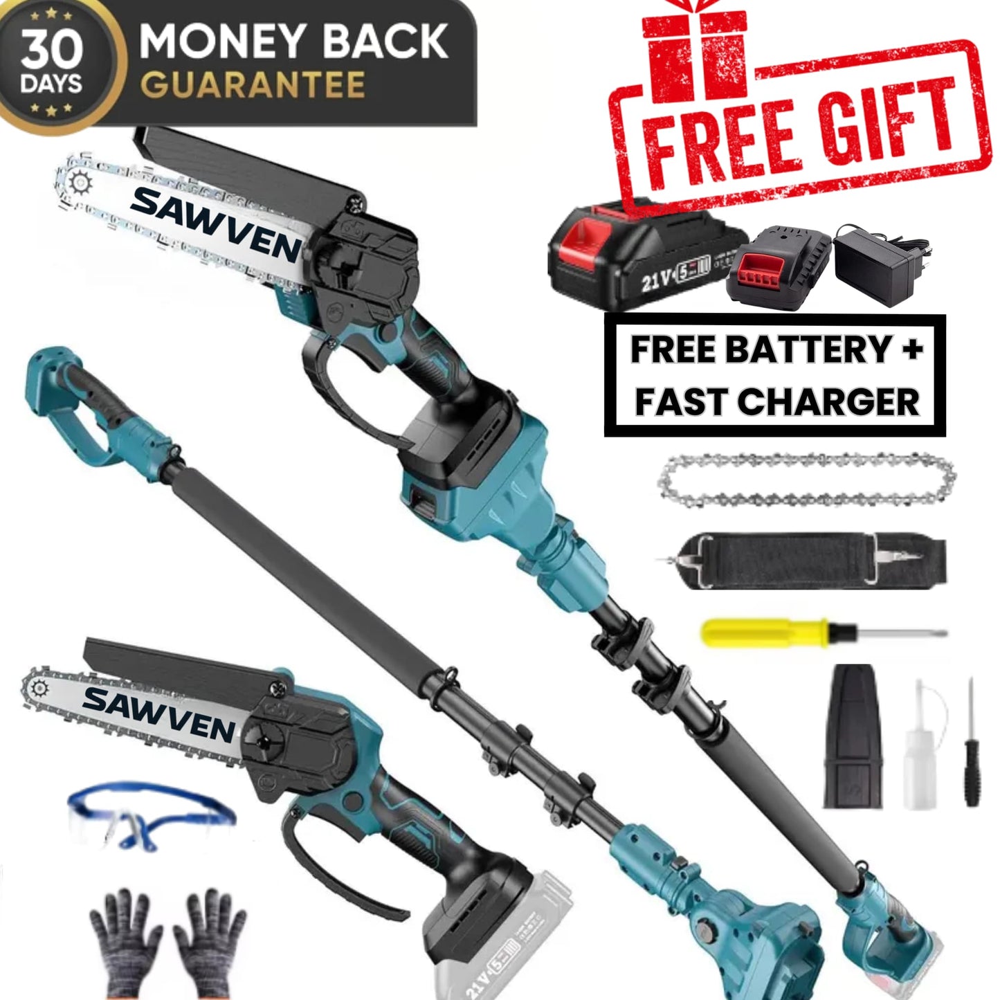 Sawven H92 Pro - 2-in-1 Cordless Telescopic Pole Chainsaw & Chainsaw (6 inch) + FREE Battery + Charger